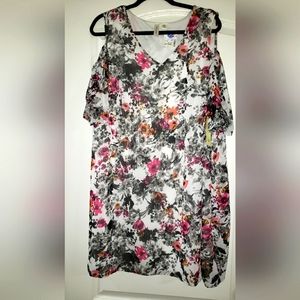 Tocara Pink/Black Floral V-neck Cold Shoulder Dress 2X NWT